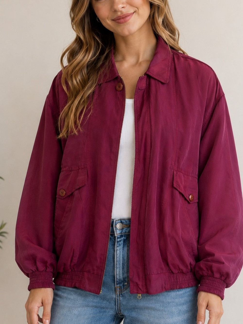 Vintage The Silk Road Burgundy Silk Bomber Jacket XL 90s Oversized Zip Snap